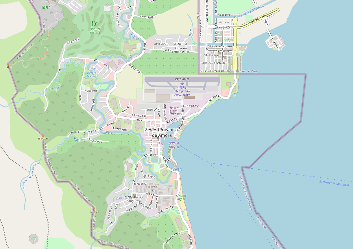 Screenshot of a map of an imaginary place called Sarang-do, hosted on the OpenGeofiction map server