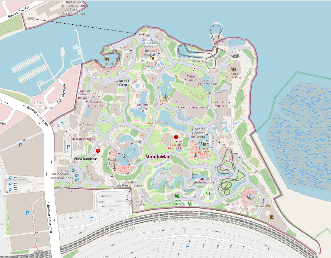 Screenshot of the map window on the OpenGeofiction site, showing an area mapped of a theme park called MundoMar with lots of detail.