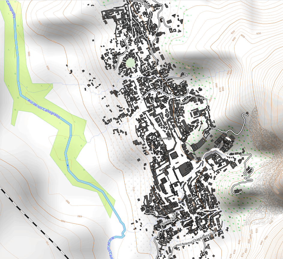 A screenshot of the zoomable map on the OpenGeofiction.net website, showing a pre-modern ceremonial city with detailed buildings and walls, and a background showing the contour lines of the area's physical topography.