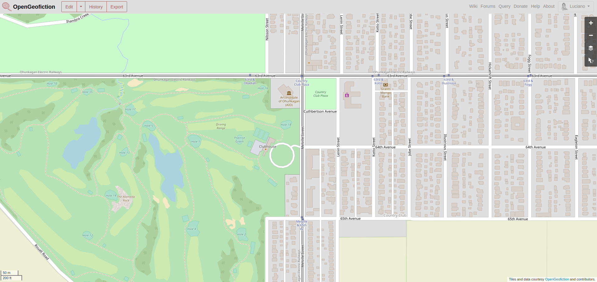 Screenshot of the map window on the OpenGeofiction site, showing an area mapped of a neighborhood called Country Club Alameda with lots of detail, including a golf course.