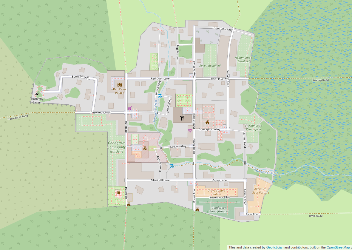 Screenshot of the map window on the Arhet website, showing an area mapped of a village called Goodgrove with lots of detail, including stores and paths between buildings.