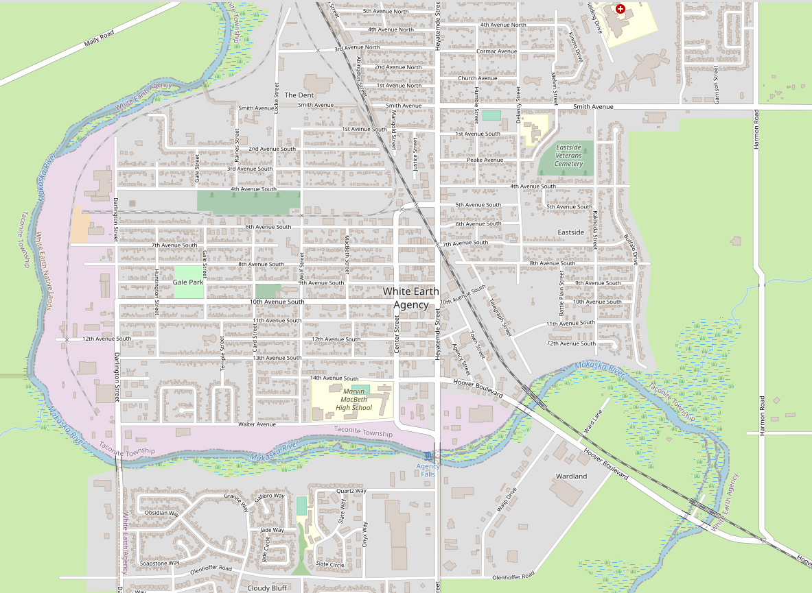 Screenshot of the map window on the OpenGeofiction site, showing an area mapped of a town called White Earth Agency with lots of detail