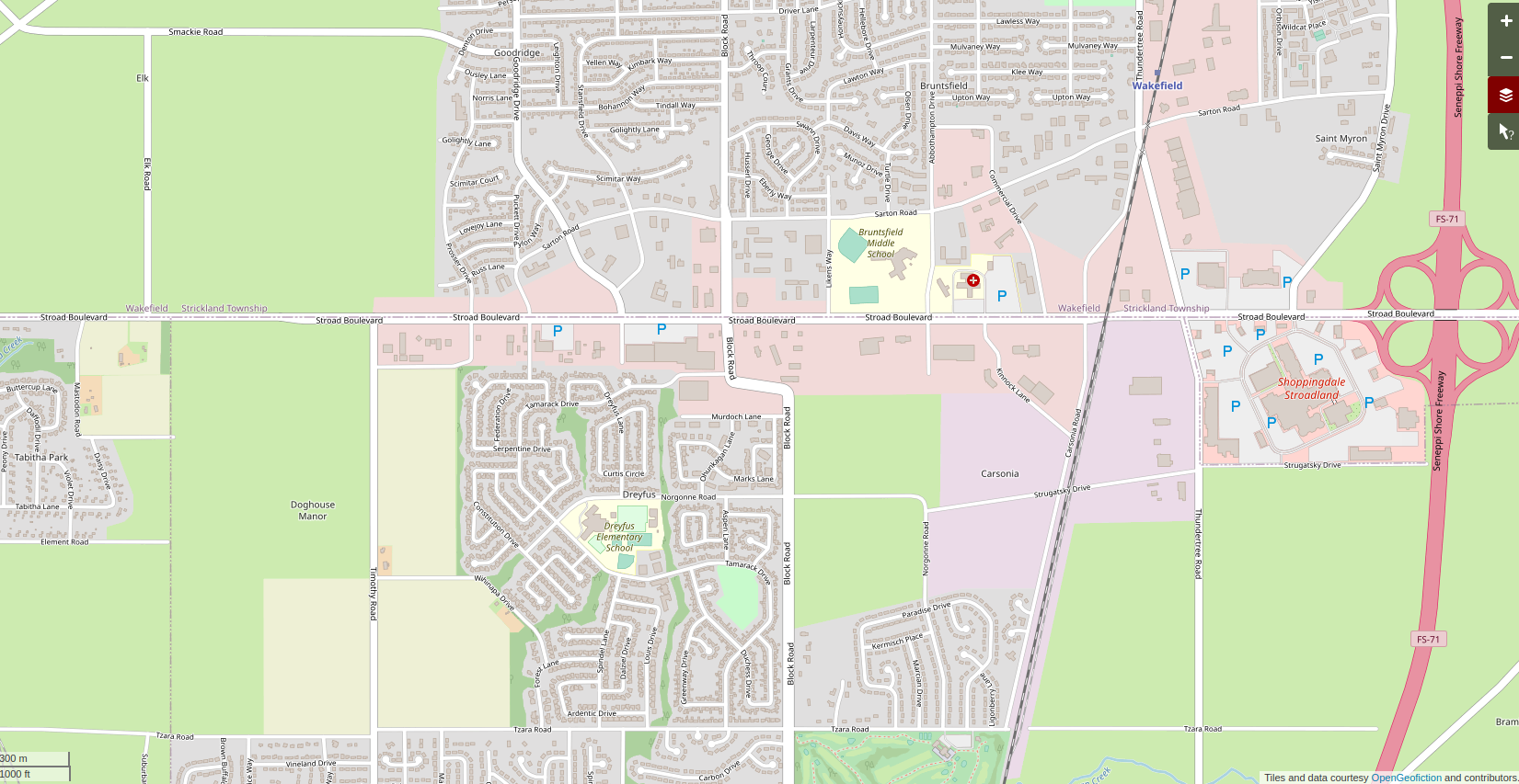 Screenshot of the map window on the OpenGeofiction site, showing an area mapped of a US-style, suburban neighborhood, with lots of detail