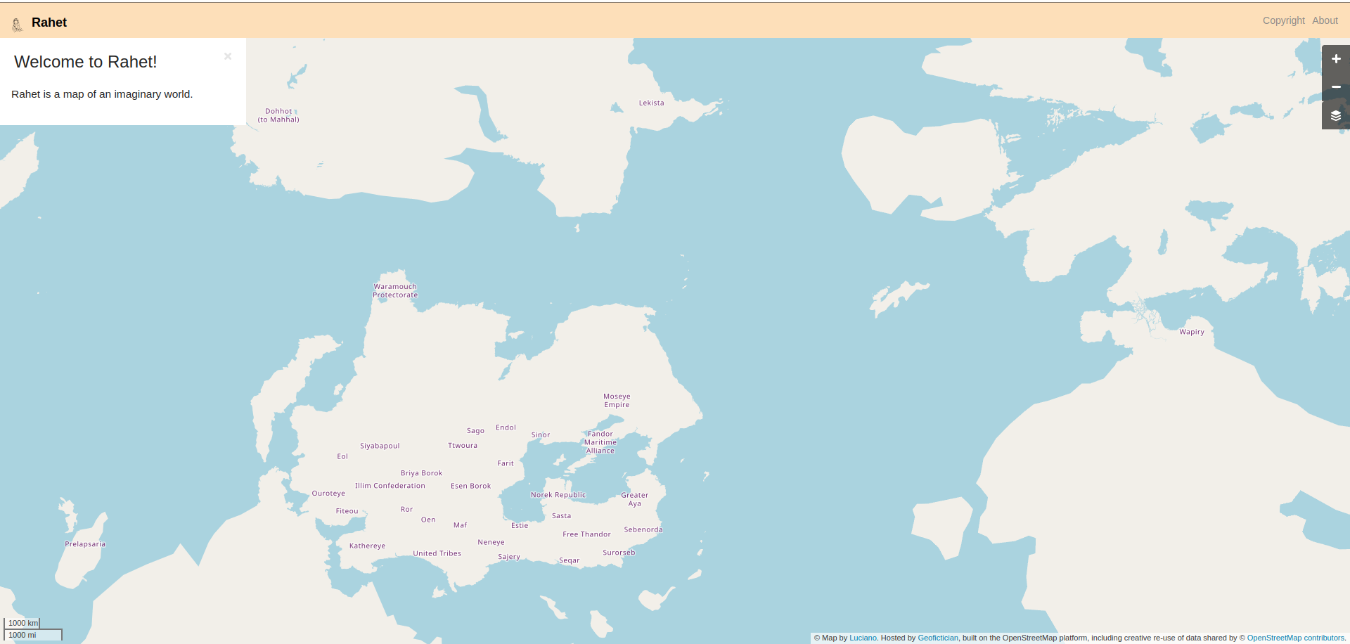 Screenshot of the map window on the Rahet website, showing the whole planet, zoomed out, with some continents and a few country names