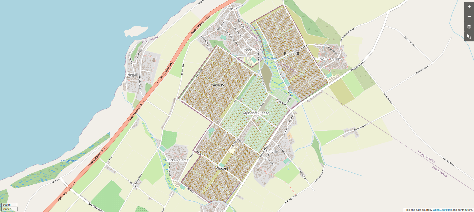 Screenshot of the map window on the OpenGeofiction website, showing the patchworked grids of the Irhoborin refugee camp and some surrounding, chaotically-laid-out communities