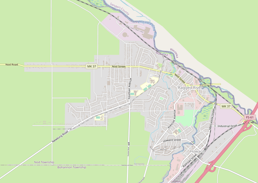 Screenshot of the map window on the OpenGeofiction website, showing the towns of Ragged River and Howard, on opposite sides of a river; the state boundary is along the larger Chajewanicha River running from southeast to northwest