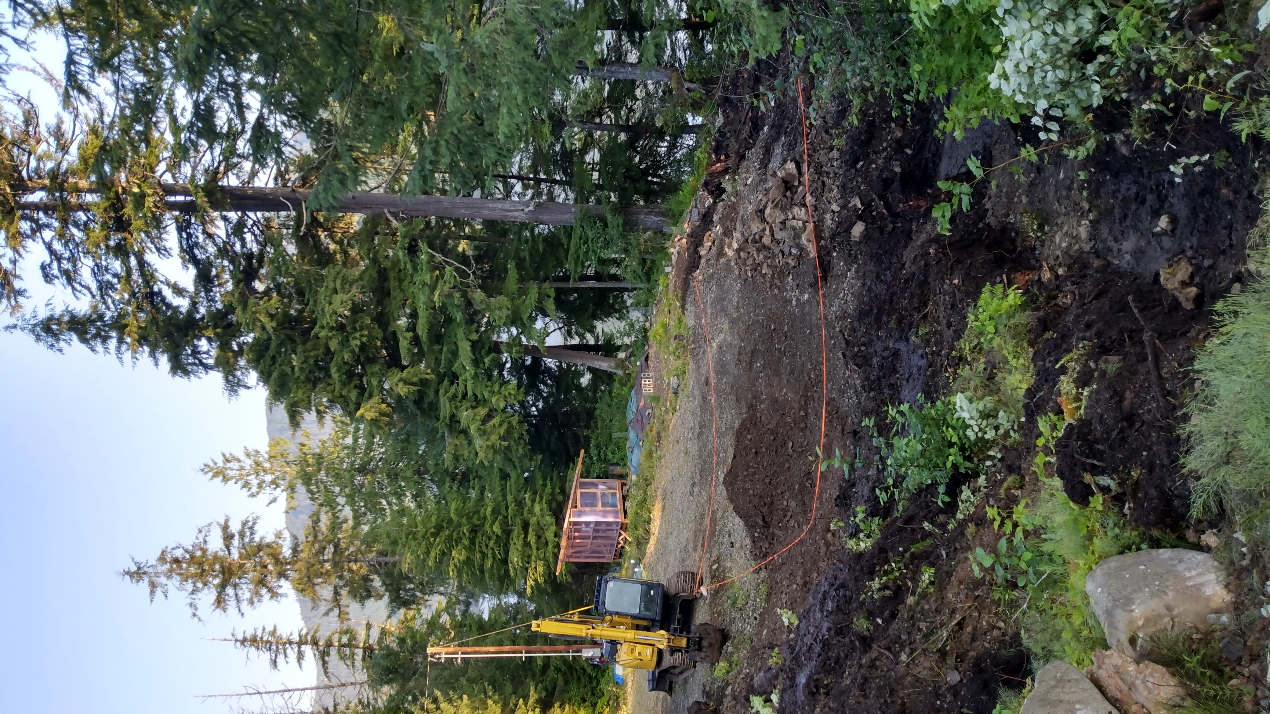 A view down a steep hillside with an excavator at the bottom of a gravel driveway and some tall trees in the background. The excavator has clearly been doing some work, making ditches and such